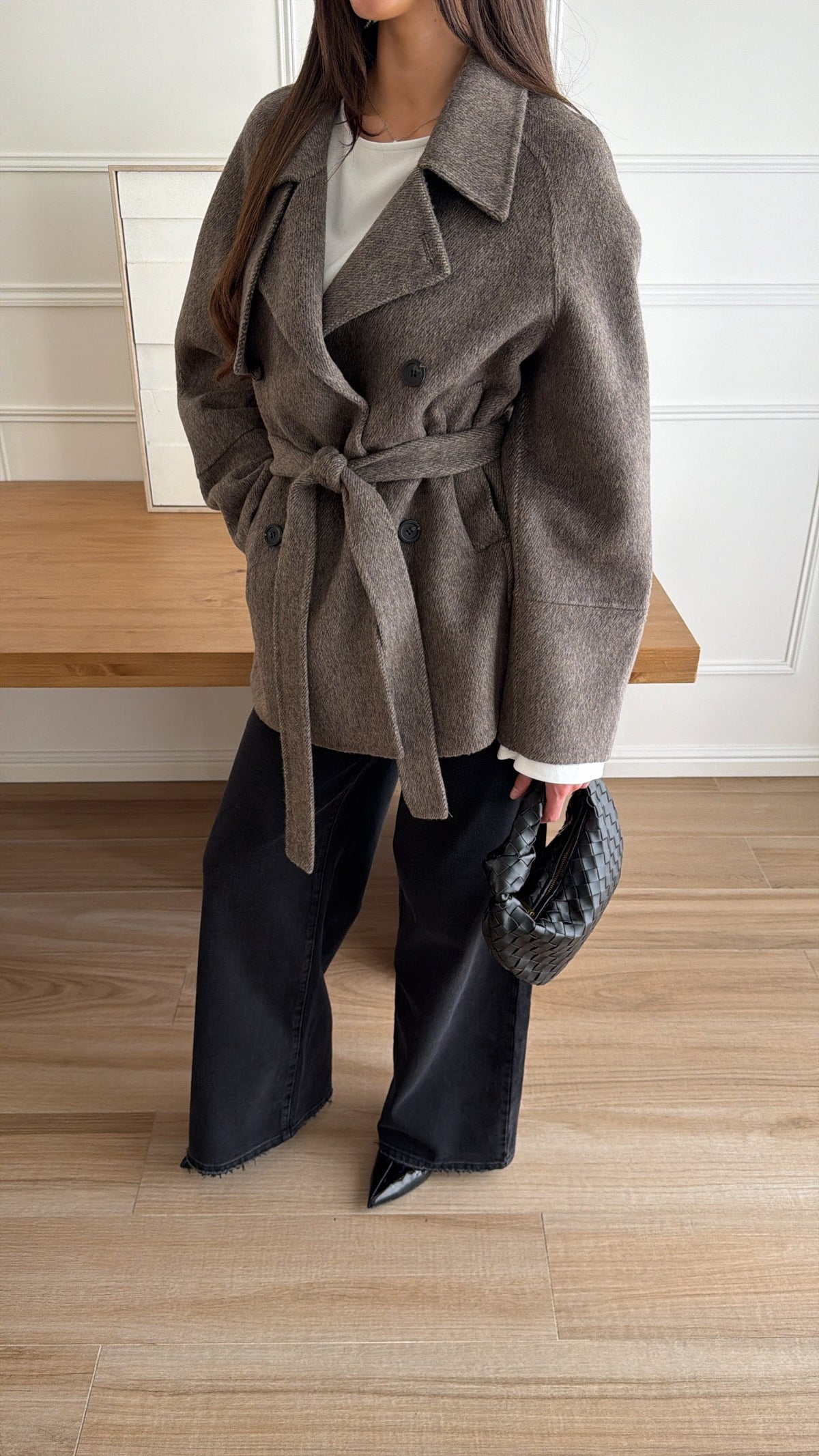 Manteau croisé en laine avec ceinture [taupe]