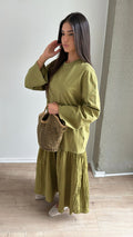 Robe longue bi-matière à manches longues [vert]