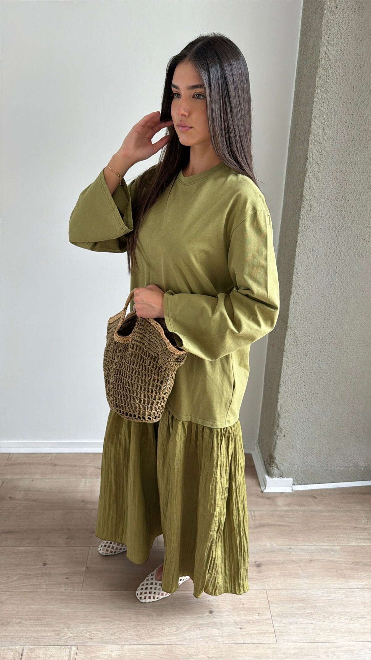 Robe longue bi-matière à manches longues [vert]
