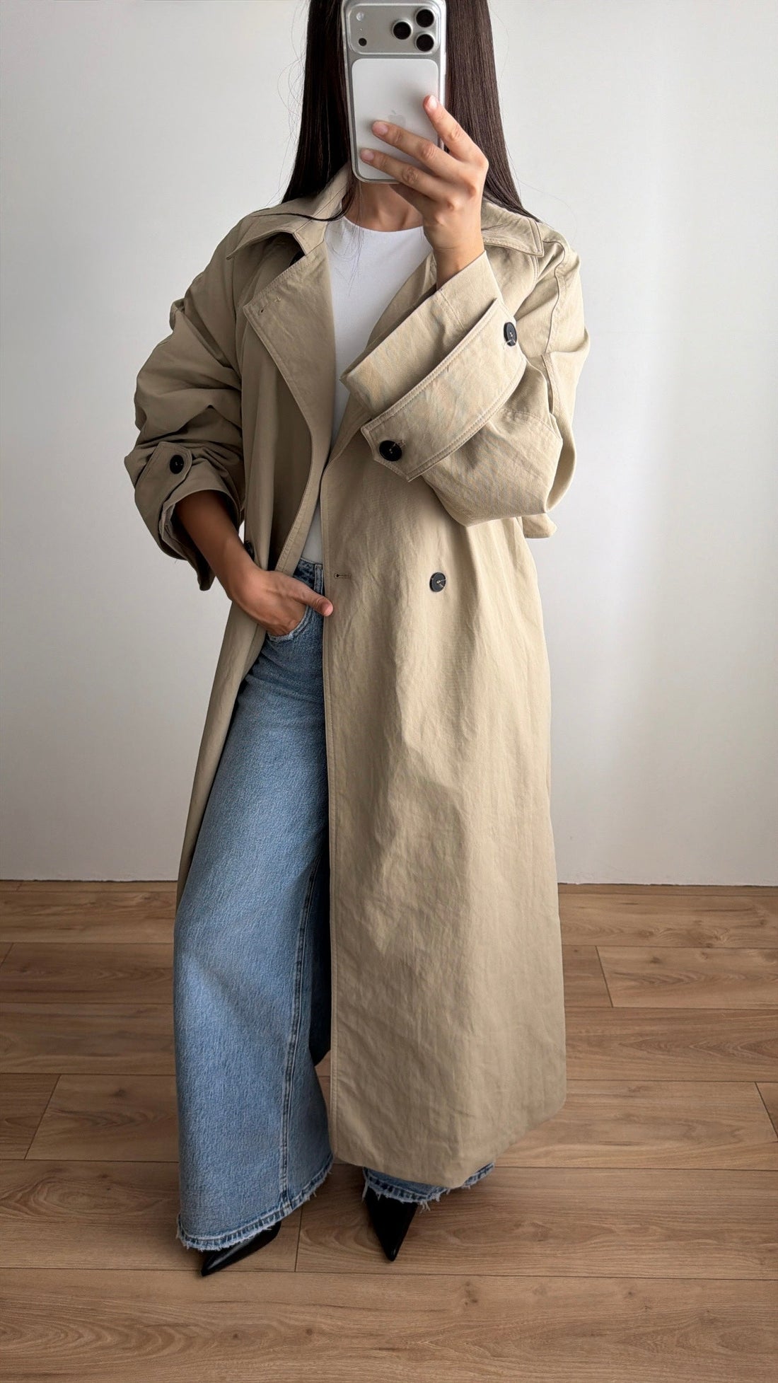 Long trench loose à col montant [beige]