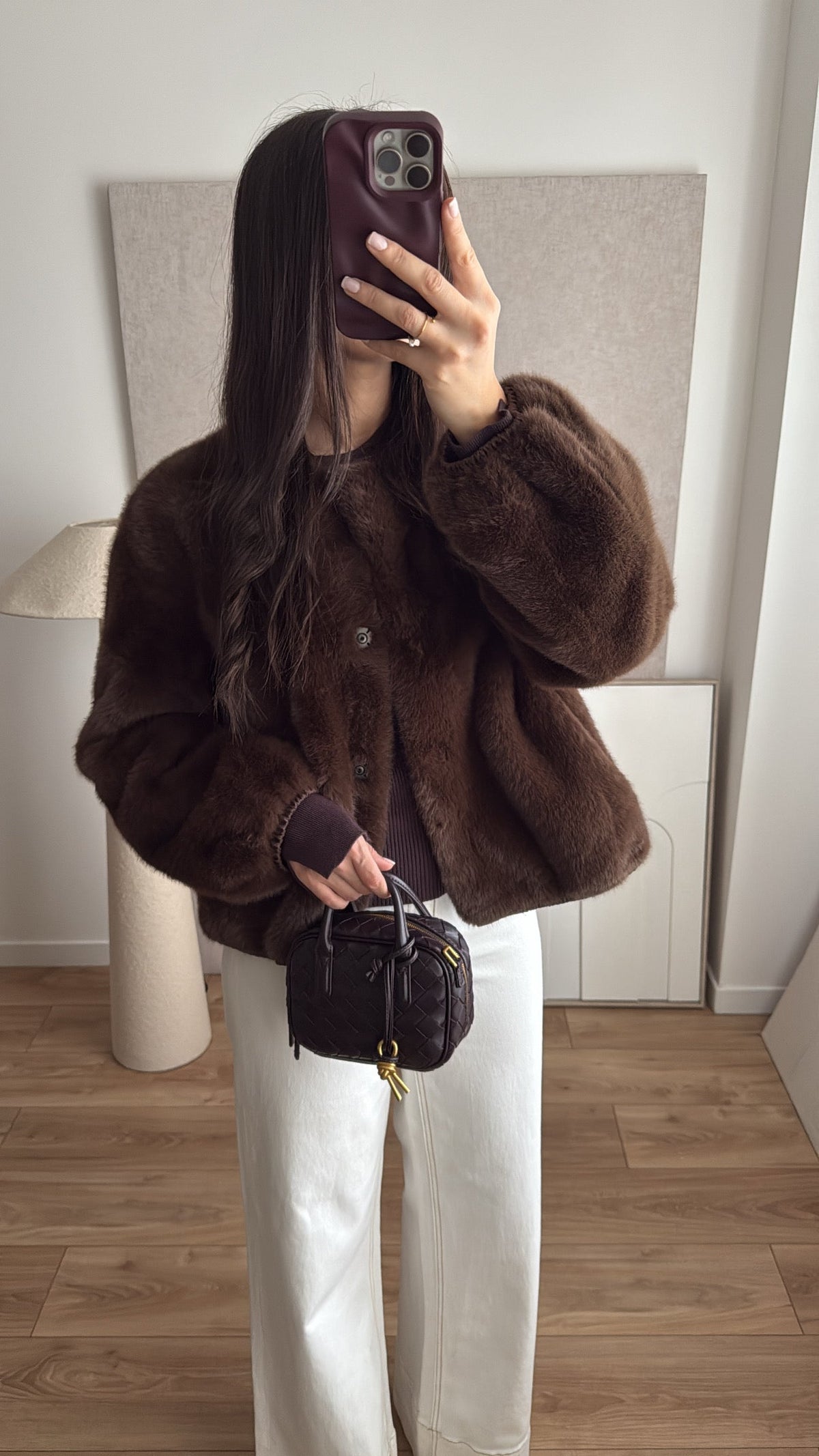 Veste en fausse fourrure col rond [marron]