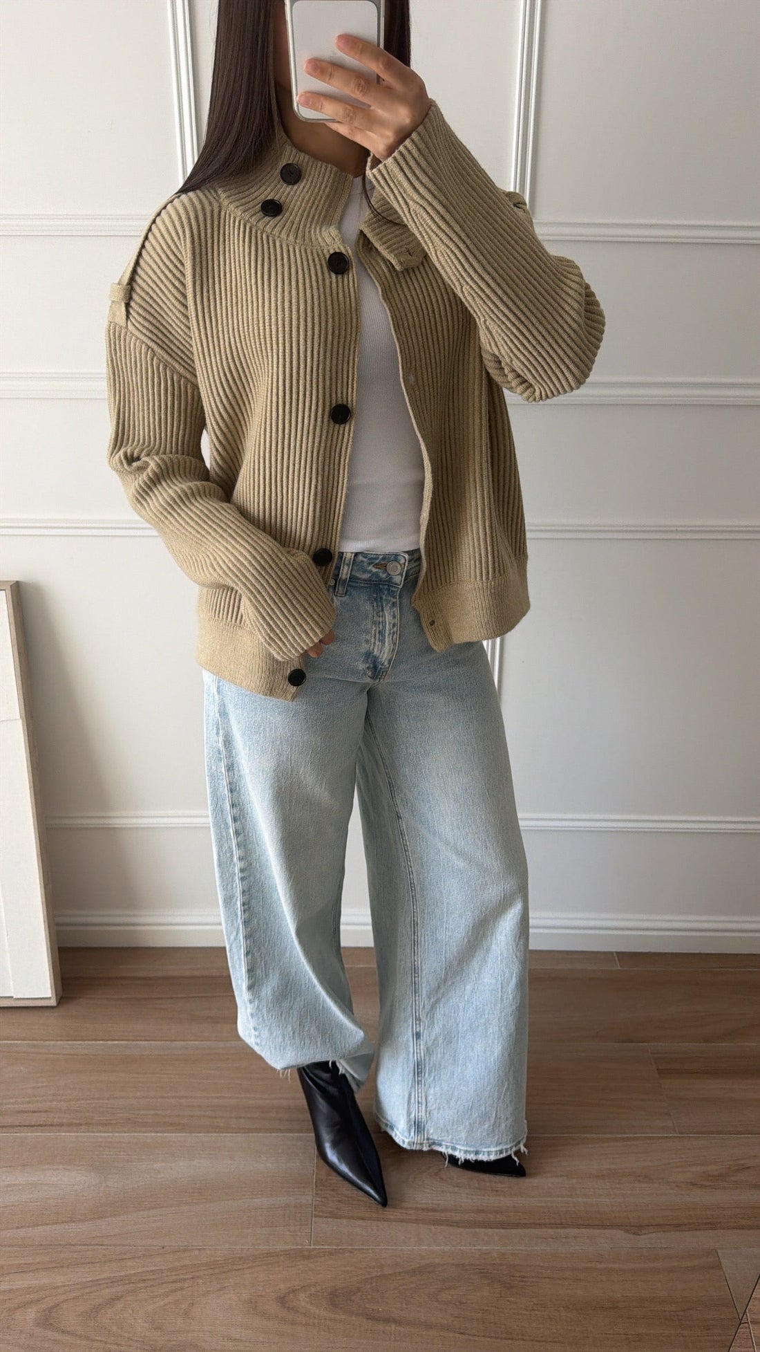 Cardigan en maille côtelée à col montant [kaki]