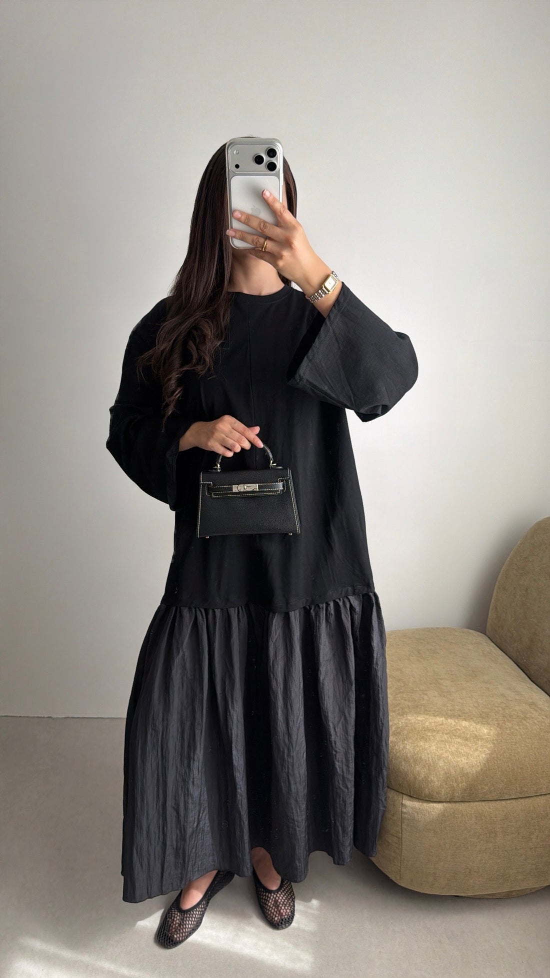 Robe longue bi-matière à manches longues [noir]