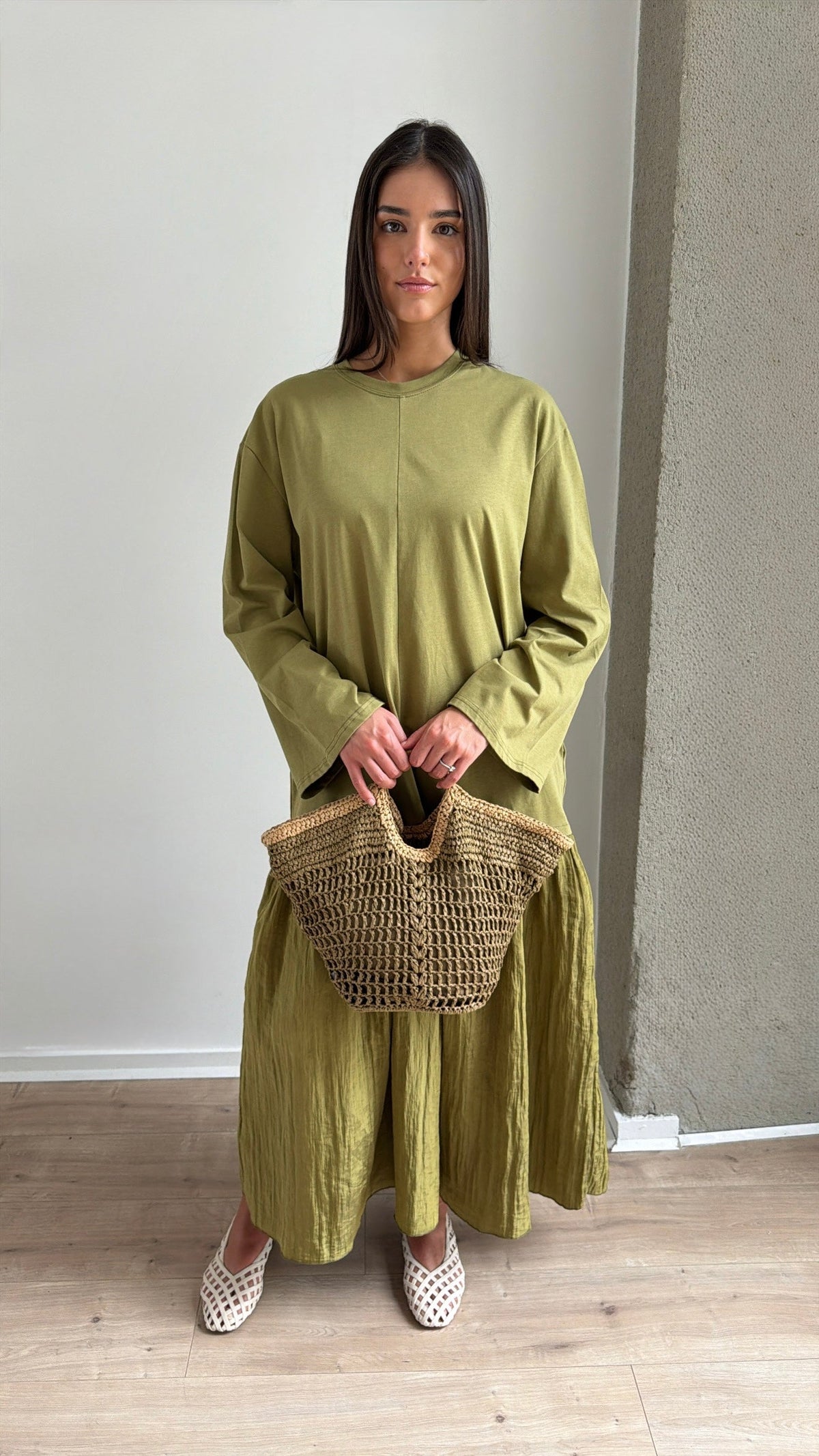 Robe longue bi-matière à manches longues [vert]