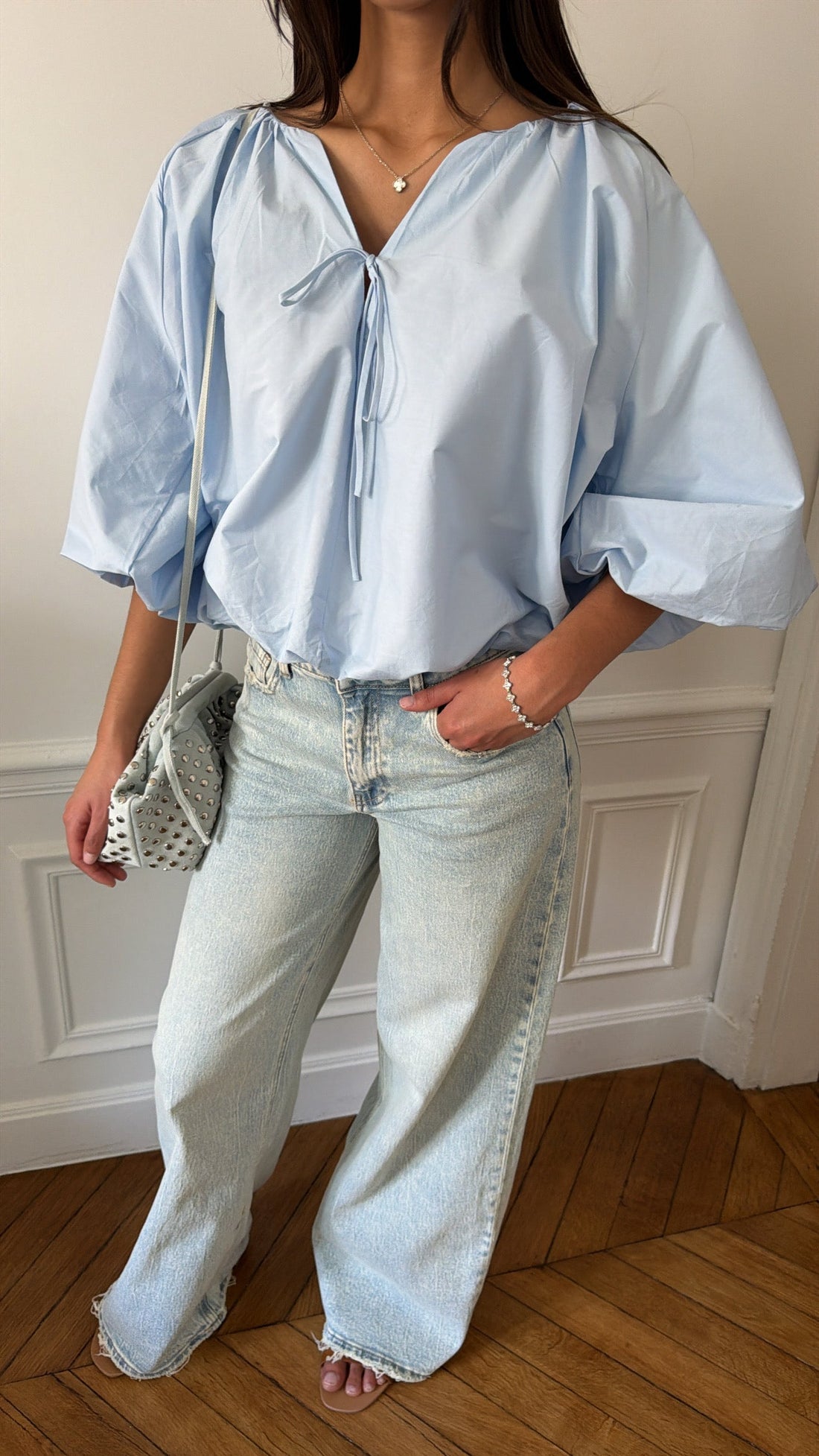 Blouse bouffante à manches 3/4 [bleu]