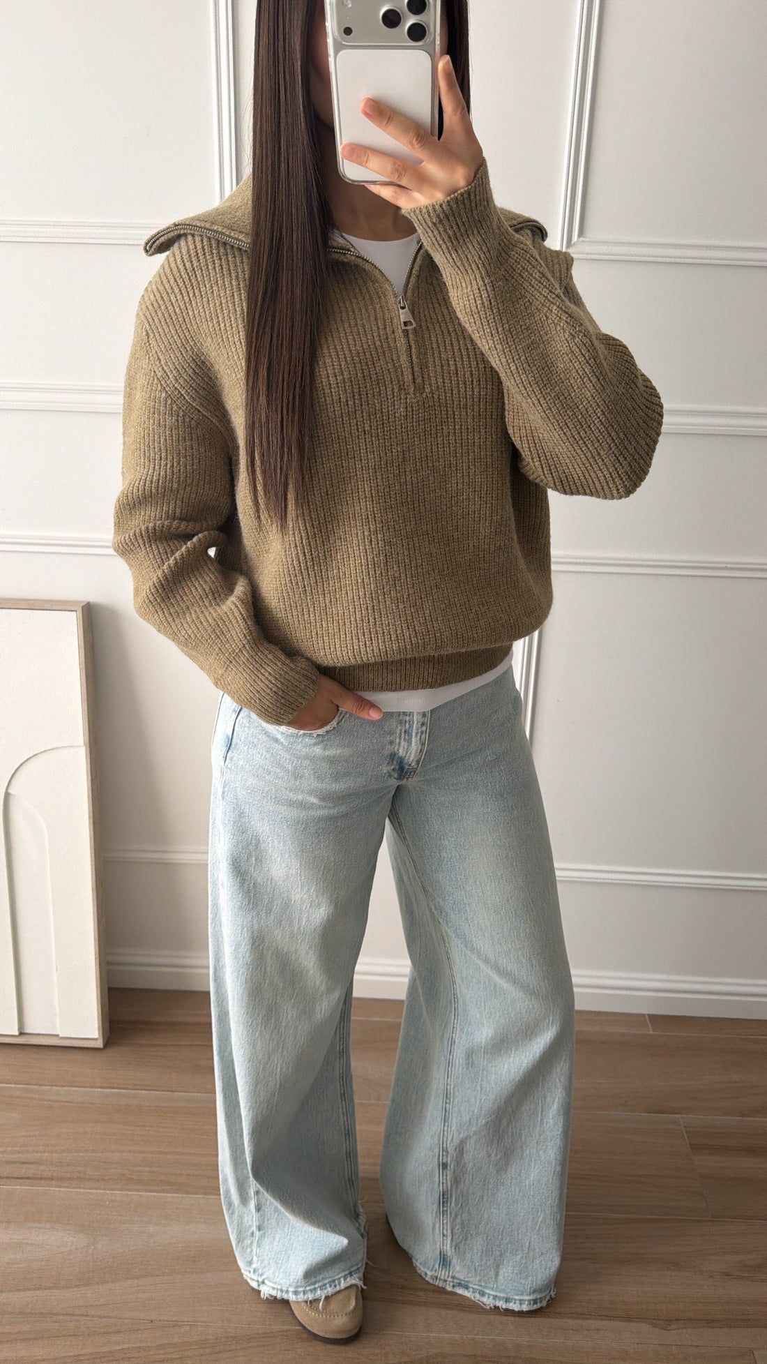 Pull zippé col revers [KAKI]