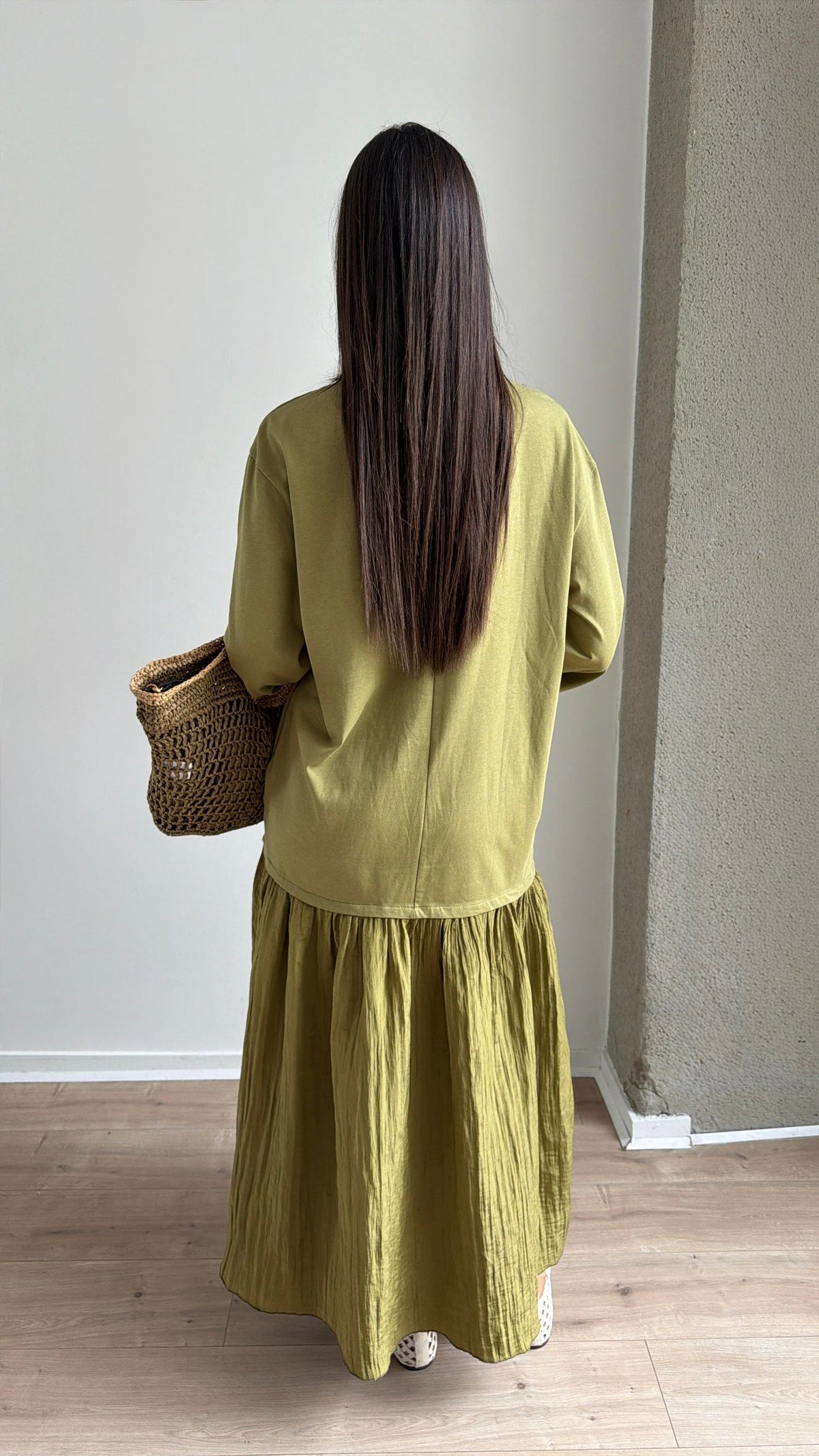 Robe longue bi-matière à manches longues [vert]