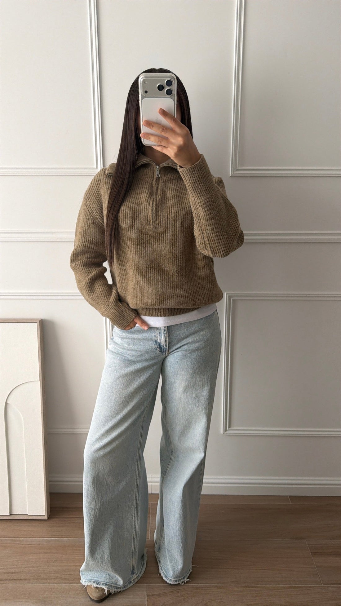 Pull zippé col revers [KAKI]