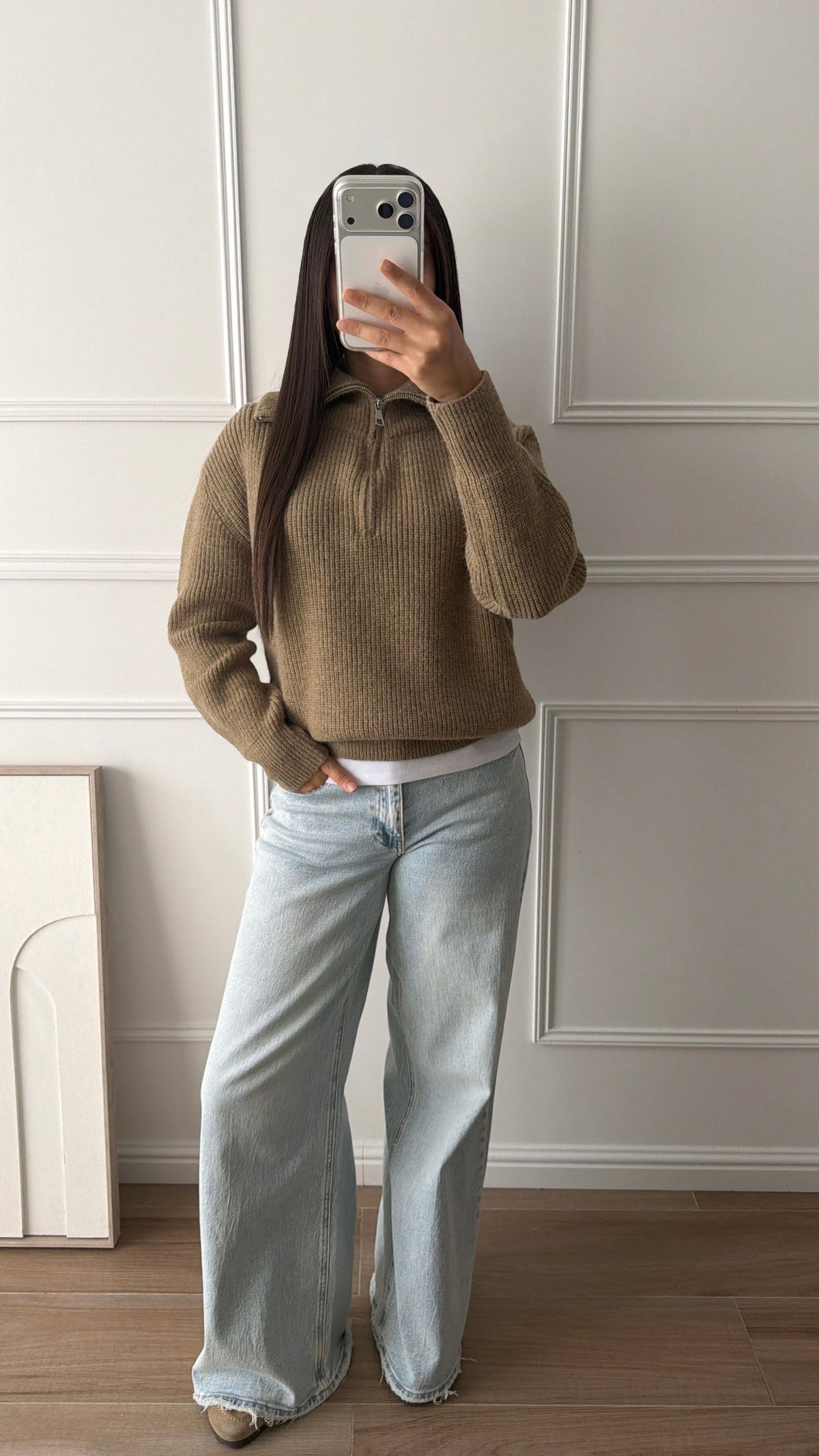 Pull zippé col revers [KAKI]