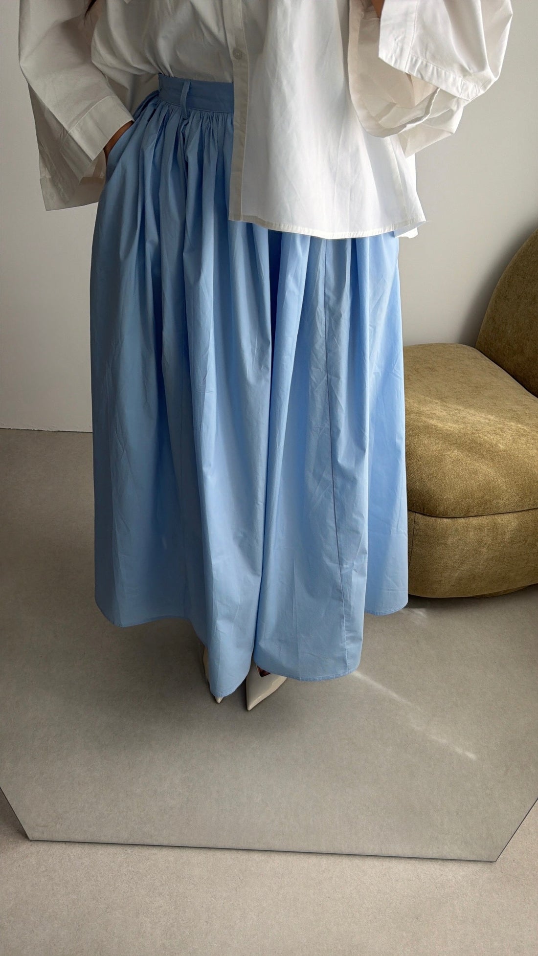 Longue jupe patineuse en coton [ bleu ]