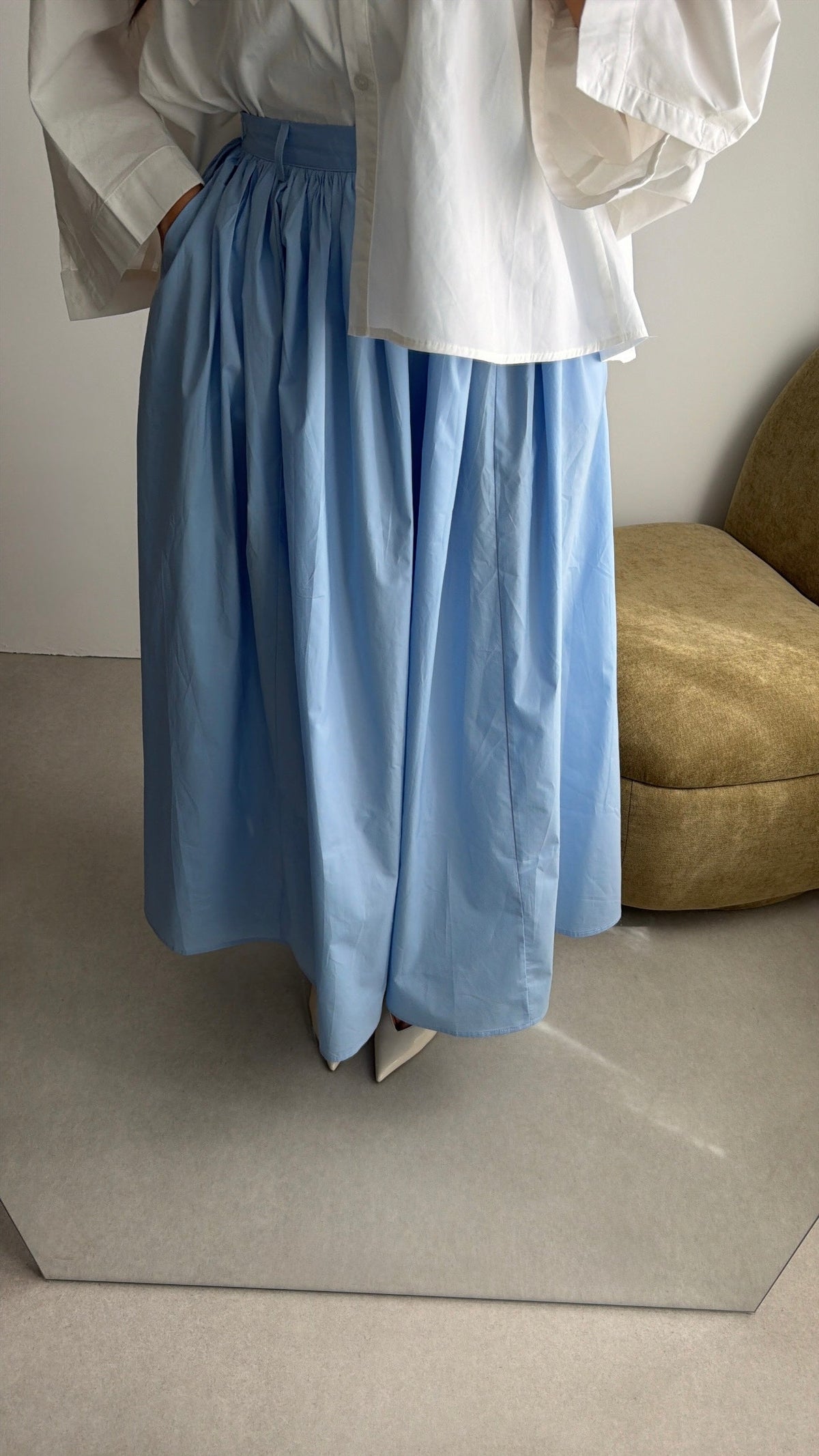 Longue jupe patineuse en coton [ bleu ]