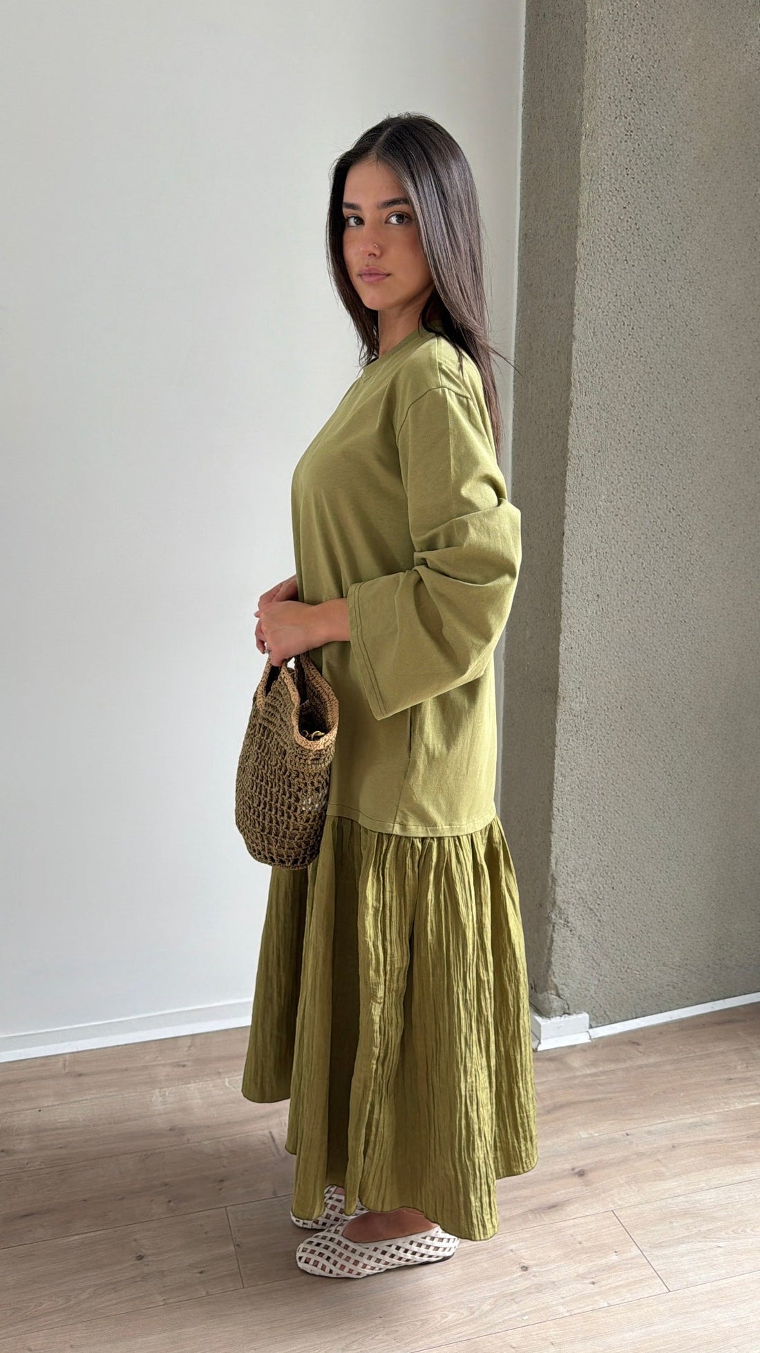 Robe longue bi-matière à manches longues [vert]