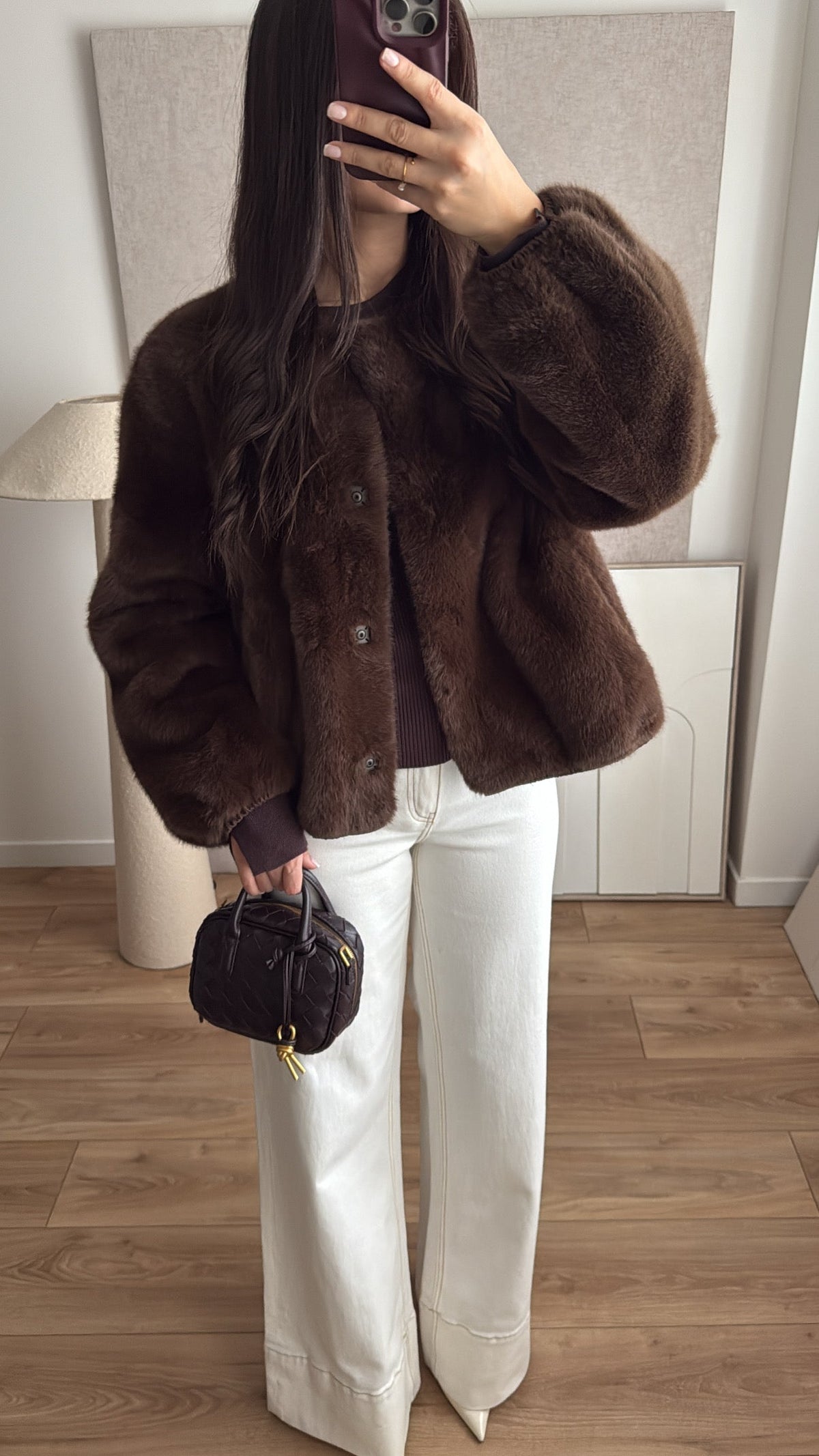 Veste en fausse fourrure col rond [marron]
