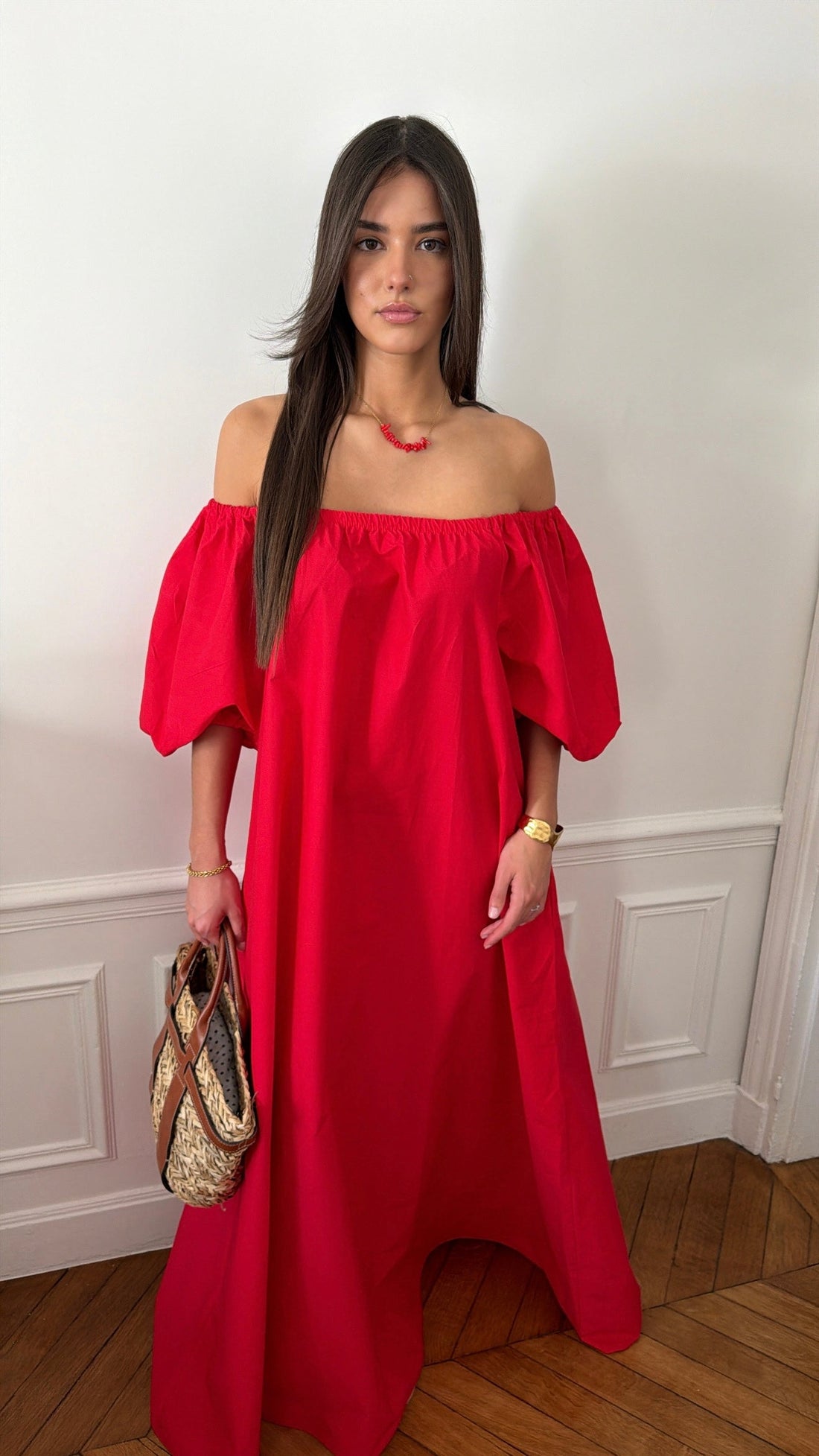 Robe longue à épaules dénudées [rouge vif]