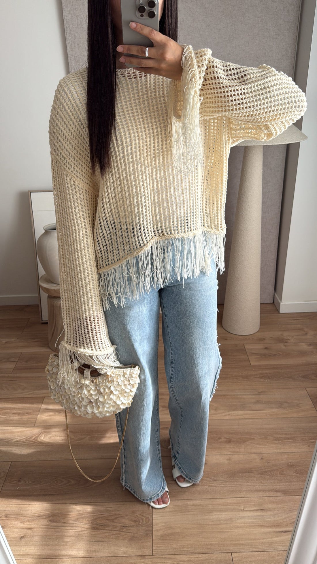 Top crochet / frange [écru ]